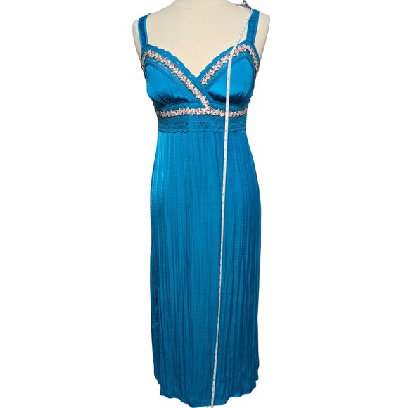 Betsey Johnson Satin Teal Maxi Dress Size 6 Floral Lace Trim Sweetheart Y2K - Picture 7 of 12